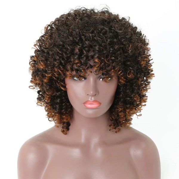 LD Hair Curly Afro Wig with Bangs Shoulder Length Curly Black Wig Afro Wig Heat Resistant Synthetic Hair Wig for Black Women