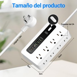 GALASALA Multicontacto Regleta, Extension Electrica 1.8 M, Multicontacto USB, Multicontacto Escritorio 8 Salidas de CA y 6 USB(3 USB C), Enchufe Plano, Conector Multiple, para el Hogar Oficina, Blanco