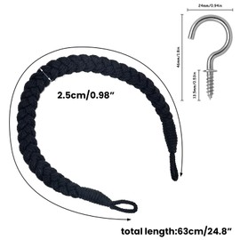 MINICIRCLES Natural Cotton Rope, 2 PCS Curtain Tiebacks, Hand Knitting Curtains Tied, Curtain Rope Buckle, with Metal Hook for Home Hotel Office Curtain Accessories (Black)