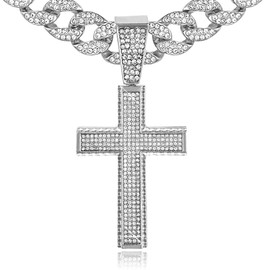 ICEDTAG Men's 14K Gold Silver Plated Cross Chain with Iced Bling Out 5A+ Cubic Zirconia, Layered Cuban Link Necklace, 18 Inch, Large Diamond Pendant Jewelry Gift (White Gold 3)
