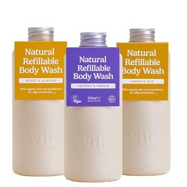 Wild Body Wash Refill Variety Pack - 3 Pack of Shower Gel Refills in Coconut & Vanilla, Honey & Almond and Amber & Oud Scents - 95% Natural Ingredients - No Sulphates, Parabens or SLES - Vegan