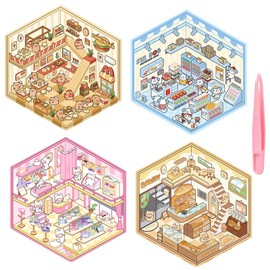 4 Sets DIY 3D House Stickers, 3D Sticker Scene Miniature Scene Stickers, Cute Cartoon Sticker Scenes for Adults Kids, Make Your Own Stickers, Fun Room Sticker Book