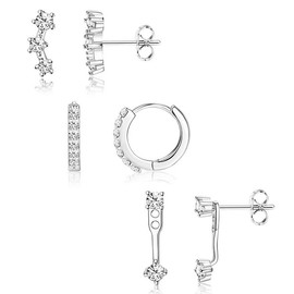 Ling & Bai 3Pcs Gold Plated Earrings Small Stud Hoop Set Sterling Silver 14K Stacks Dainty Jewellery Accessories for Women (Silver Cartilage, One Size)