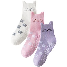Yawlsow Non-slip Pilates Socks for Women, Cute Yoga Socks with Grip,Funny Cat Crew Sock Gifts for Birthday, Mother's Day (CA/US, Alpha, One Size, Regular, Regular, White + Pink + Purple)