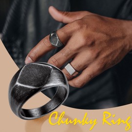 Bestyle Stainless Steel Square Shape Signet Ring Vintage Gray Style Simple Plain Band Ring Wedding Chunky Retro Statement Index Ring for Men Boys, Hip Hop Ring, Size 12