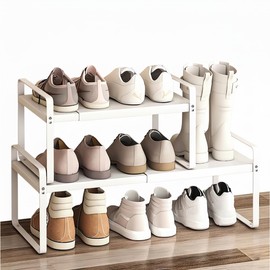 Yagizaai Expandable 1-Tier Metal Shoe Rack (H:10"), Adjustable Width 14.9"-23.6", Heavy-Duty Stackable Free-Standing Shoe Shelf for Closet & Entryway – 2-Pack Set