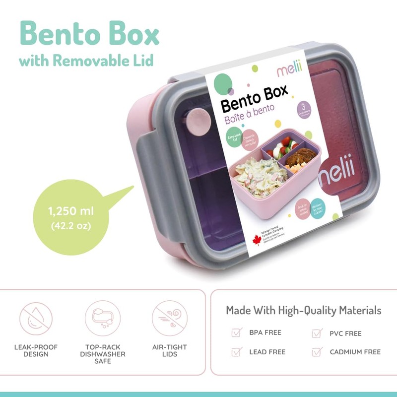 melii Bento Box With Removable Divider, Pink Purple Grey, 42.2