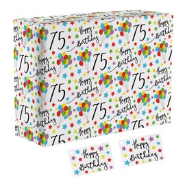 Hunts England - 1 Sheet Of 75th Birthday Fun Wrapping Paper - Includes 2 Gift Tags - Age 75 Folded Gift Wrap For Him/Her - Iconic Collection - Colourful Age Seventy Five Gift Wrap