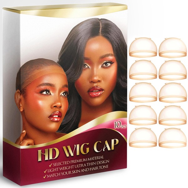 JESUMY Skinlike HD Wig Cap 10 Pieces, Ultra Thin Invisible and Sheer, Breathable Transparent HD Wig Cap, Thin Nylon Cap, Wig Cap for Lace, Wig Accessories for Women (5 PACK/10 PCS)