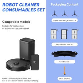 8 Pack Replacement Parts for Eufy X8 Pro Robot Vacuum Parts with 1 Main Brush 3 Side Brush 3 HEPA Filter 1 Tools Accessories