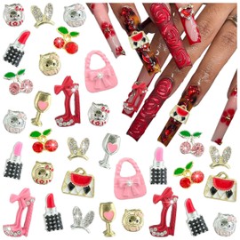 Gehaiwo 64PCS Nail Charms for Acrylic Nails,Lipstick,High Heels,Cherries,Handbags,Alloy Y2K Nail Art Rhinestone for Nail Art Supplies DIY Nail Craft