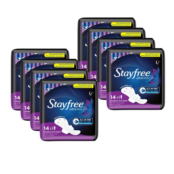 Stayfree Stayfree Ultra Thin Pads, Overnight With Wings, 14 Count (Pack of 8)