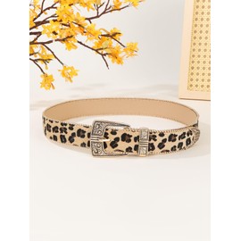 FGSS Women's Leopard PU-Leather-Belt - Fashion Waist Belt with Chic Metal Buckle for Jeans Dress Pants (28"-38")