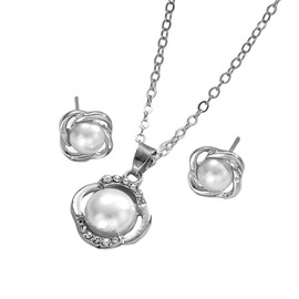 Dishowme Perlenkette Ohrringe Sets Kristall Kunstperle Anhänger Halskette Strass Schmuck Sets für Damen Frauen (Silber)