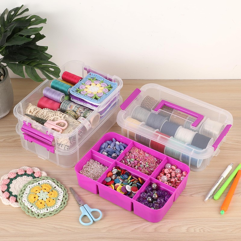 JUXYES 3-Tiers Stack Carry Storage Box With Divided Tray, Transparent