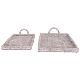 Creative Co-Op Decorative Rattan Handles & Whitewashed Finish (Set of 2 Sizes) Trays, White