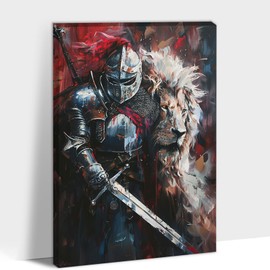 Hzddty Warrior Canvas Wall Art Lion Armor Of God Pictures Christian Warrior Canvas Prints, Modern Home Knight Painting Artwork for Bedroom Living Room 12x18 Inches