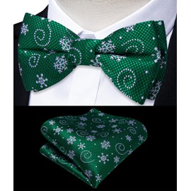 DiBanGu Boys Christmas Bowtie Set Silk Xmas Holiday Pre-tied Bowtie and pocket Square for Kids Festive Bow Tie with Gift Box, Emerald Green and White Snowflake