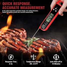 RUN HELIX Digital Meat Thermometer - Instant Read Food Thermometer with Backlight LCD Screen, Waterproof, Foldable Long Probe, Perfect for Cooking, BBQ, Candy Making, Milk, Water & Meat (Red)