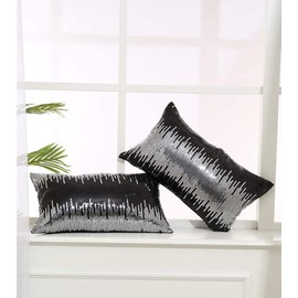 Eternal Beauty Black Silver Sequin Cushion Covers, Pack of 2 Decorative Throw Rectangular Pillowcases for Home Decor with Concealed Zipper 12 x 20 inch (30 x 50 cm)