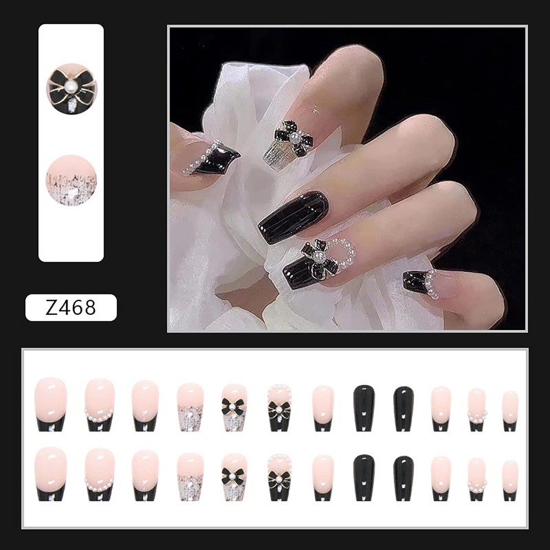 24Pcs Artificial Acrylic Fake Nails with Black Bow Pearl Designs,