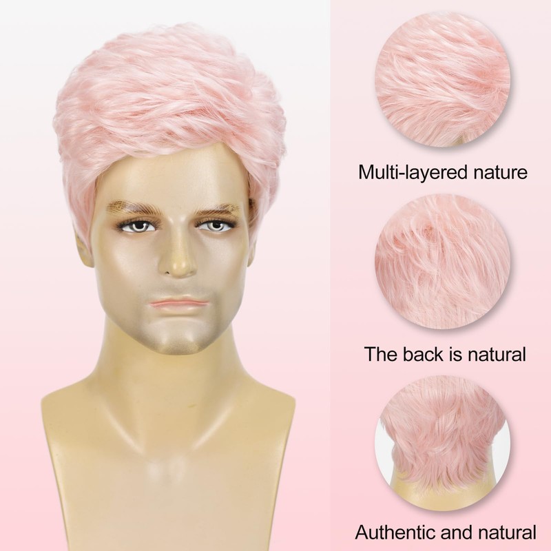 Short Pink Wig for Men, Light Pink Synthetic Halloween Wig