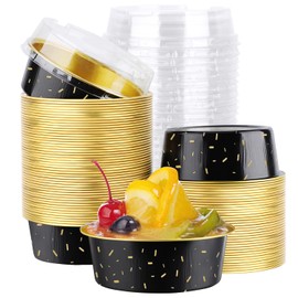 EUSOAR Foil Ramekins with Lids, 100pcs 5oz Disposable Mini Aluminum Foil Cupcake Cups Liners for Baking, Dessert Cups Aluminum Cheesecake Pan Creme Brulee Baking Cups for Oven-Black Meteor Shower