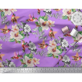 Soimoi Purple Moss Georgette Fabric Hummingbird,Leaves & Magnolia Floral Printed Craft Fabric by the metre 42 Inch Wide