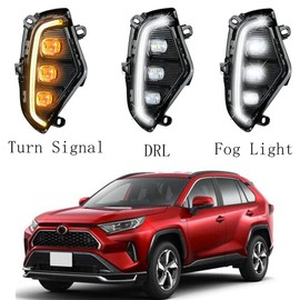 Tiny Force Pair High-profile Version LED Daytime Running Lights Fog Lights Assembly Compatible with Toyota RAV4 2019-2022 With DRL Amber Turn Signal Lamps & 3 Eyes Rav4 Daylights with Bezel