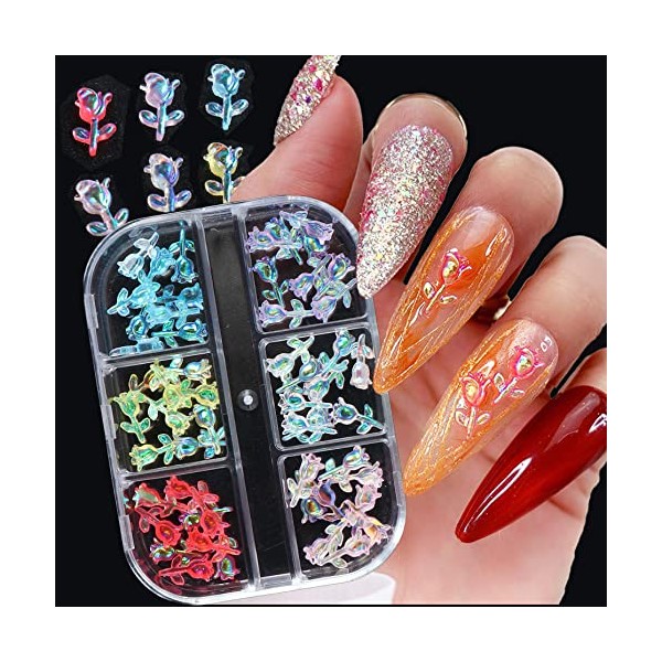 3D Rose Nail Charms Aurora Rose 3D Acrylic Flowers for Nails Rose Rhinestones for Women Girl DIY Nail Design Craft Decoration