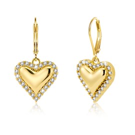 14K Gold Plated Heart Dangle Earrings, ALEXCRAFT Golden Dangling Drop Earring for Trendy Women Leverback Earing Cubic Zirconia Hearts Shaped Hypoallergenic of Valentine