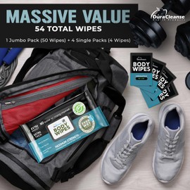 After Gym Body Wipes for Men (4pk) - 200 XL No Rinse Shower Wipes + 16 Travel Bath Sheets - 9"x12" - Mens Deodorant Disposable Washcloths for Bathing, Camping Essentials, Survival Gear and Supplies