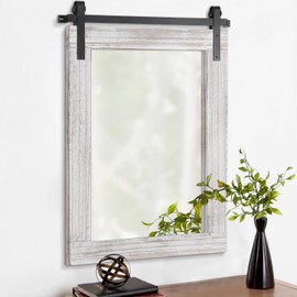 AAZZKANG Wall Mirror Rustic Barn Door Mirror Large 26"x18" with Wood Framed Rectangle Decorative Bedroom Bathroom Vanity Mirror Farmhouse Wall Decor White