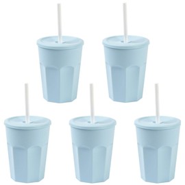 ENGELLAND - 5 x Plastic Cups with Lids, Light Blue, Drinking Cups with Straw, Party Cups, Plastic Drinking Glasses, Reusable, 0.25 Litres
