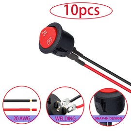 RUNCCI-YUN 10 x Round Rocker Switch ON-OFF Toggle Switch 12 V Car Switch SPST Mini Rocker Switch 20 mm 2-pin 6 A/250 V 10 A/125 V AC for Motorcycle, Saloon, Boat (Red with Wire)