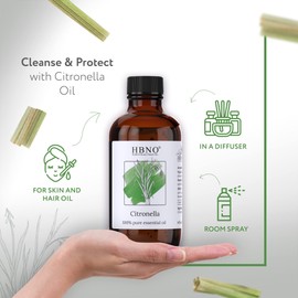 HBNO Citronella Essential Oil - Huge 4 oz (120ml) Value Size - Natural Citronella Oil, Steam Distilled - Perfect for Cleaning, Aromatherapy, DIY, Soap & Diffuser - Citronella Essential Oils