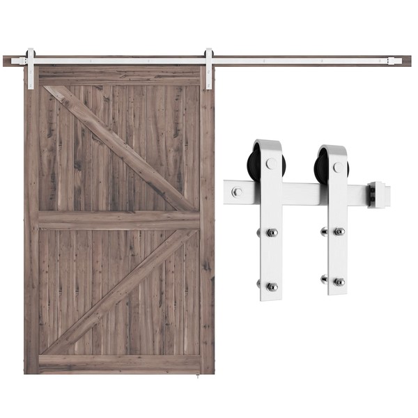 SMARTSTANDARD 9ft Siliding Barn Door Hardware Kit Brushed Nickel Double Door Easy to Install Fit 54" Wide Door Panel (J Shape Hanger)
