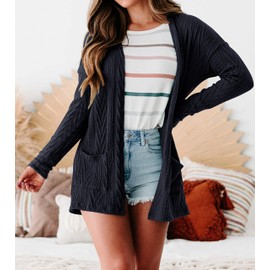 MEROKEETY Women's Casual Long Sleeve Open Front Cable Knit Cardigans Lightweight Solid Color with Pockets,Navy,L