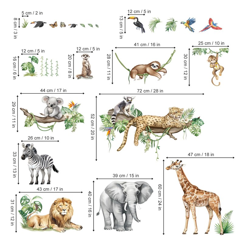 decalmile Large Jungle Animals Tree Branch Wall Stickers Safari Elephant