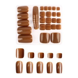 48 Pcs Brown Press on Nails Short & Press on Toenails Set - Square Fake Nails Press ons Gel Glue on Nails Cute Fake Toe Nails with Glossy Designs Acrylic Nail Kit for Women Manicure