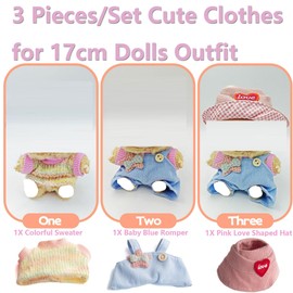 17cm Doll Clothes, 3 Pieces Set Cute Clothes for 17cm Dolls Outfit - Pink Love Pattern Hat+ Colorful Sweater + Baby Blue Romper - Cute Chic Doll Outfit Accessories for 17 cm Dolls (Not Included Doll)