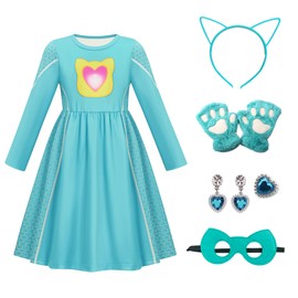 SHELOVESIT Girls Cute Kitties Long Sleeves Dress with Cat paw-shaped Gloves Dress Up Outfits for Parties -140cm/7T-8T - Blue