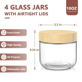 DRKIO 10 Oz Overnight Oats Containers with Bamboo Lids - 4 Pack Glass Storage Jars with Airtight Lids Wide Mouth Mason Food Jars Great for Meal Prep Salad Chia Pudding Snacks Yogurt Sugar Spice