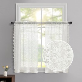 FINECITY Lace Tier Curtains 36 Inch Length - Vintage Rose Floral Farmhouse Lace Kitchen Curtains, Short Lace Cafe Curtains for Small Windows, Scalloped Lace Curtains, W25 x L36 Inch, 2 Panels, Ivory