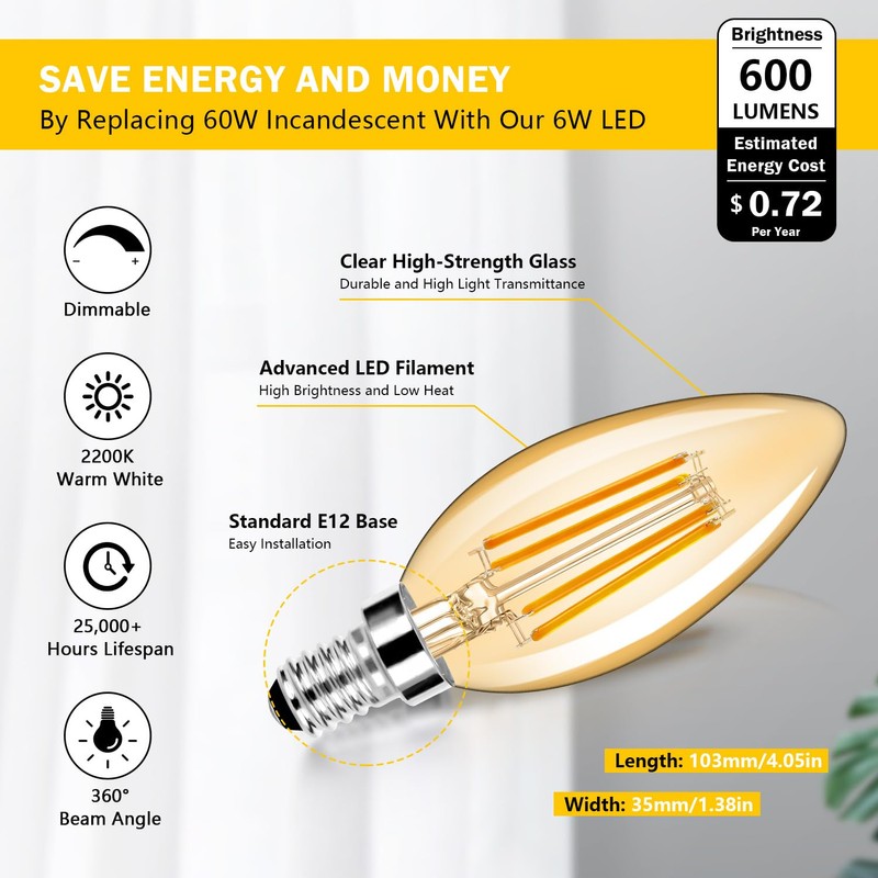 6-Pack Dimmable E12 LED Candelabra Bulbs 60W Equivalent, 2200K Amber