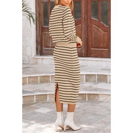 PRETTYGARDEN 2 Piece Skirts Sets For Women Fall Fashion 2025 Striped Sweater Dress Knit Lounge Travel Outfits Winter Clothing (Khaki Stripe,Small)