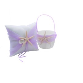 Abbie Home Organza Bowknot Wedding Ring Pillow + Flower Basket Set Romantic Beach Wedding Party Favor-Light Purple