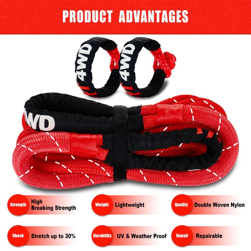 TYT Kinetic Recovery Rope,(1in x 30ft Red) 48000lbs Snatch Strap,