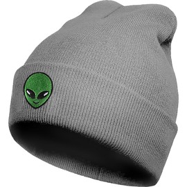 Koesnbre Grey Alien Hip Hop Embroidered Beanie Hats for Men Women-Winter Warm Stretchable Fashion Knit Cuffed Beanie Hat