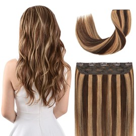 Winsky Hair Extensions Real Human Hair - One Piece Balayage Brown to Blonde Remy Hair Extensions Clip on 70gram for Women (16inch, #P4/27)